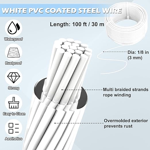 Turnbuckles for Cables Wire, 1/8" X 100Ft White PVC Coated Wire Rope Kit, Multi-use Steel Cable for Grape Vines/Clothes Line Outdoors for T Post/String Light Hanging/Garden Wire