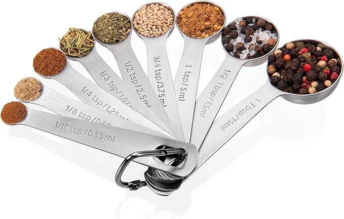 Doosu Measuring Spoons Set of 9-18/8 Stainless Steel Heavy Duty Teaspoons Tablespoons with Engraved Metric & US Measurements, Metal Measure Spoon for Dry and Liquid Ingredients, Dishwasher Safe