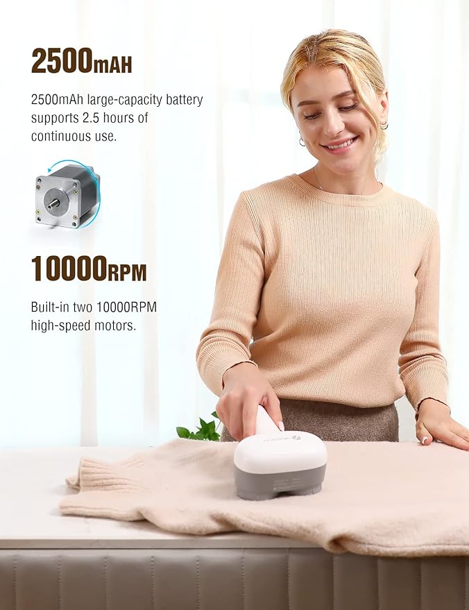 VASSON Fabric Shaver, Electric Lint Remover, Rechargeable Lint Shaver, Sweater Shavers to Remove Pilling, Large Fuzz Remover for Clothes Couch Furniture (Greyish White)