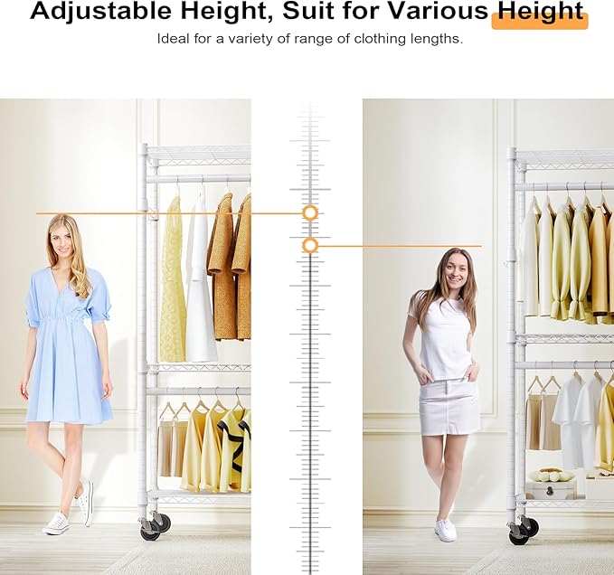 Heavy Duty Rolling Garment Rack 3 Tiers Adjustable Wire Shelving Clothes Rack with 2 Rods and Side Hooks,Storage Closet Clothing Rack with Wheels White 15.7" D x 29.5" W x 74.5" H
