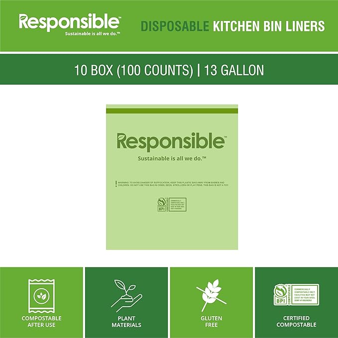 Responsible Products Kitchen Bin Liners, Certified Compostable, Heavy Duty Multipurpose Food Scrap Bags, Made from Compostable Materials (13 Gallon Drawstring, 13 Gallon (100 Count))
