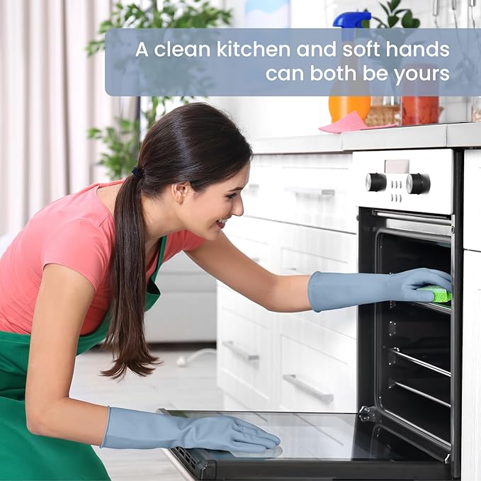 Rubber Cleaning Gloves for Dishwashing, 4 Pairs Reusable Kitchen Gloves for Washing Dishes and Household Cleaning, Blue Dish Gloves with Flocked Lining and Non-Slip Grip, Pefect for Woman Men - M