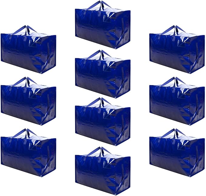 VENO 10 Pack Moving and Storage Bags, Heavy Duty, Alternative to Moving Boxes, Large Packing Totes Supplies for College Dorm Room with Zipper for Clothes, Wide Open Design (Blue, 10 Pack)