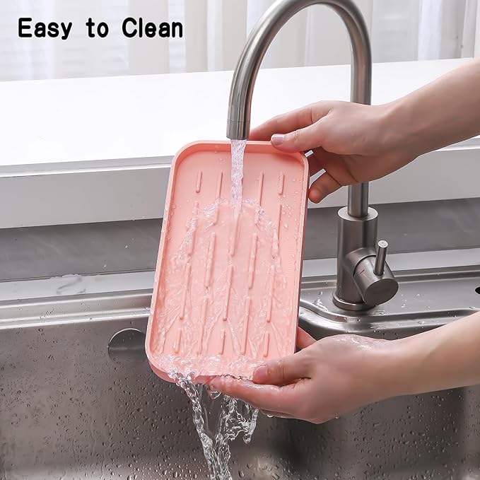 Silicone Kitchen Sink Organizer Tray for Multiple Usage,Easy Clean,Eco-Friendly Sponges Holder for Kitchen Bathroom Counter or Sink,Dish Soap Dispenser,Scrubber,Bottle,Cup Pink 10”x 5.3”