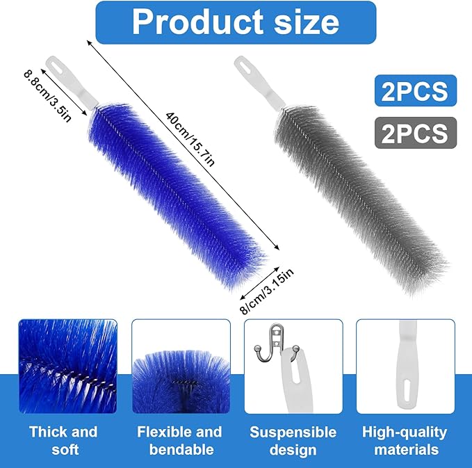 4 Pcs Cobweb Duster, Bendable Fan Cleaner Brushes Set Reusable, Plastic Microfiber Duster for Air Conditioning Shutters,Ceiling Fan, Blades, Curtains,Air Vents(Blue，Gray)