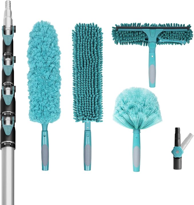 30 Foot High Reach Duster Kit with 6-24FT Extension Pole High Ceiling Dusting and Window Cleaning Kit with Telescopic Pole Window Washer&Squeegee,Cobweb Duster,Fan Duster and Feather Duster