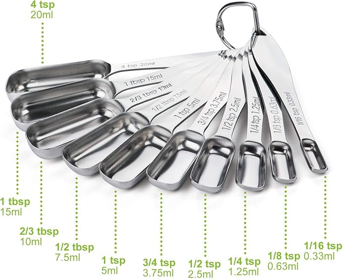 FANGSUN Stainless Steel Narrow Measuring Spoons, Heavy Duty Metal Measuring Spoons with Long Handle and Engraved Measurements Set of 10, For Dry or Liquid, Fits in Spice Jar
