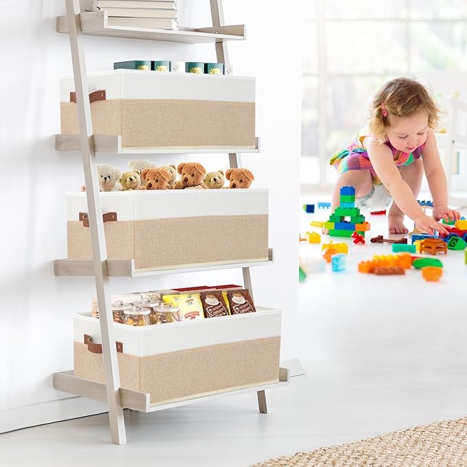 6 Pack Fabric Storage Bins, Large Storage Baskets for Shelves, Foldable Closet Organizer Storage Boxes with Leather Handles for Clothes, Sheets, Jeans, Toys, Books (Beige and White)