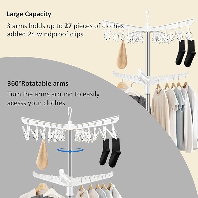 SUYU Clothes Drying Rack,Folding Clothes Drying Tree, 2 Layer with 24 Clips and 3 Rotatable Arms,66.9-Inch Indoor Clothes Rack,Stainless Steel,4 Legs,White and Silver SNJ102