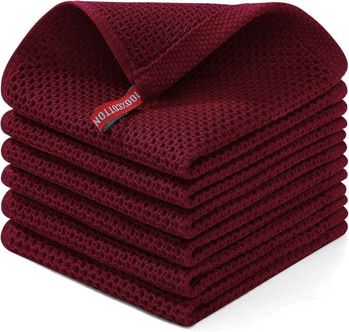 Homaxy 100% Cotton Waffle Weave Kitchen Dish Cloths, Ultra Soft Absorbent Quick Drying Dish Towels, 12 x 12 Inches, 6-Pack, Burgundy