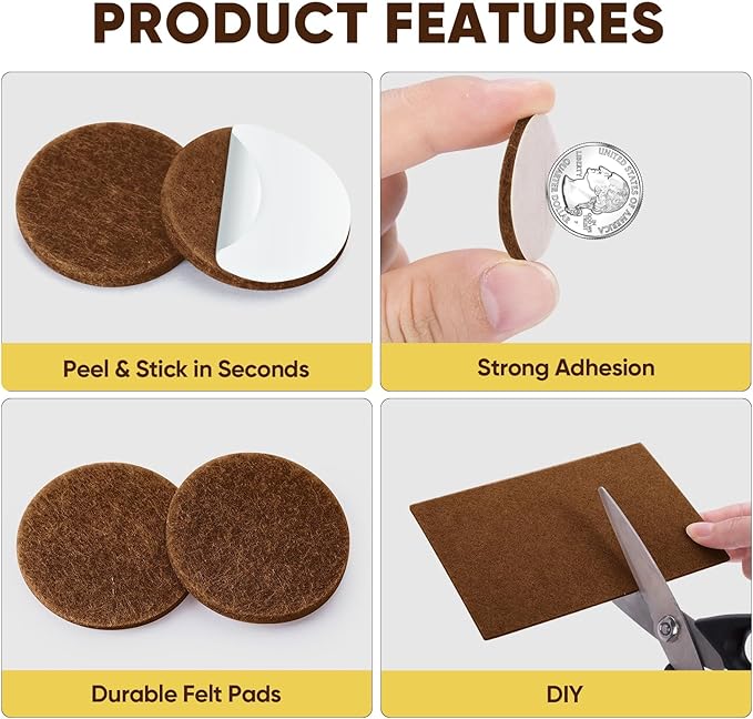 BALEINE 300PCS Felt Furniture Pads, Multi-Size Felt Pads for Chair Legs, Tables, Beds, Scratch-Reducing Floor Protectors for Hardwood Floors, Tile, Vinyl, and Laminate (300PCS, Beige+Brown)