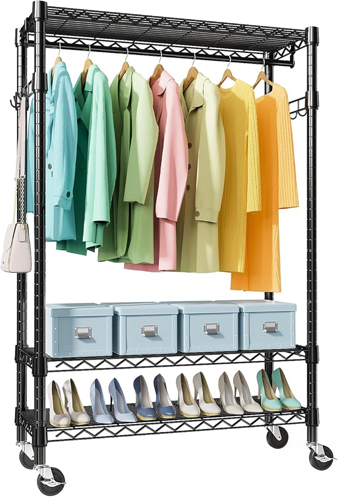 Heavy Duty Rolling Garment Rack 3 Tiers Adjustable Wire Shelving Clothes Rack with Rods and Side Hooks,Storage Closet Clothing Rack with Wheels Black 17.7" D x 47.2" W x 83.6" H