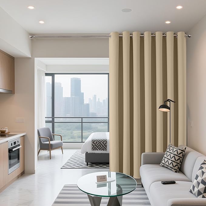 Joydeco Blackout Patio Sliding Door Curtains 84 Inches Long, Grommet Privacy Room Divider Curtains, Extra Wide Thermal Blackout Drapes for Bedroom Living Room (Light Beige, 70Wx84L, 1 Panel)