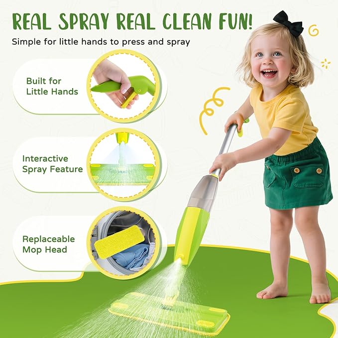 Kids Cleaning Toy Set,Mini Spray Mop Montessori Toys Pretend Play Cleaning Tool for Toddlers with Spray Mop & Kids Broom Dustpan Set Cleaning Toys Gift for Toddlers Girls Boys Age 3+