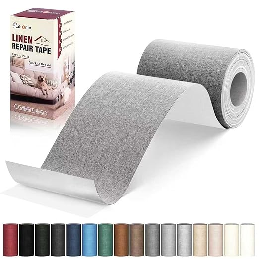 Linen Repair Tape 4x79 inch, Self Adhesive Fabric Patches, Linen Patch Tape Kit, Fabric Repair Tape for Couch Sofas, Headboards, Chairs, Pillows, Curtains, Couches - Medium Grey