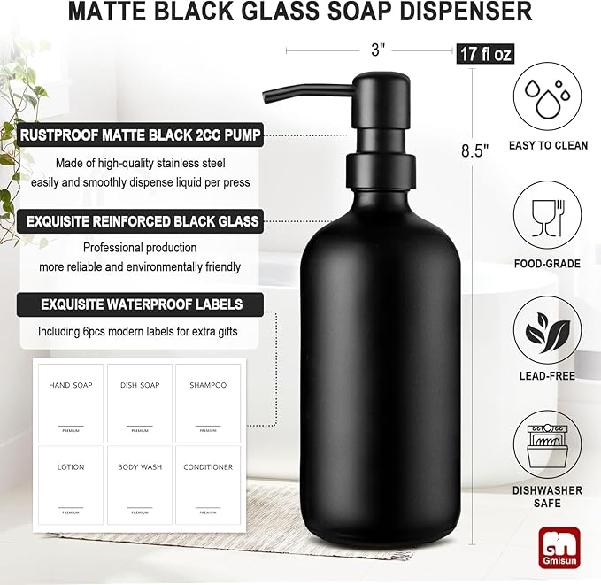 GMISUN Black Soap Dispenser, 2 Pack Matte Black Hand Soap Dispensers for Bathroom, 17 Fl Oz Glass Dish Soap Dispensers for Kitchen with Stainless Steel Pump, Modern Liquid Soap Bottle