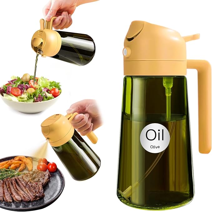 YARRAMATE 16oz/470ml Light-Blocking Dark Oil Sprayer for Cooking, 2 in 1 Olive Oil Dispenser Bottle for Kitchen, Premium Dark Green Glass Oil Bottle, Food-Grade Oil Mister for Air Fryer, BBQ (Orange)