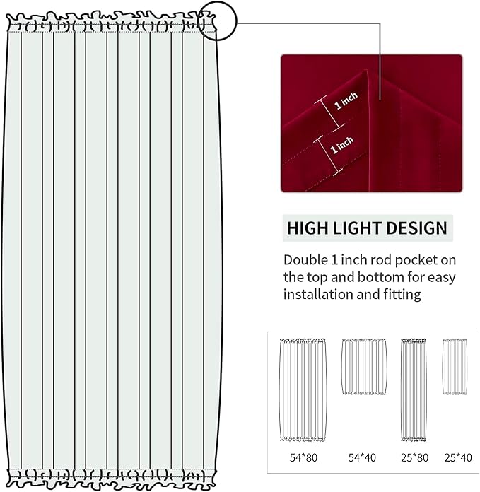 DWCN French Door Curtains – Rod Pocket Thermal Blackout Curtain for Doors with Glass Window, Kitchen and Patio Doors for Privacy, 54 X 80 Inches Long, 1 Curtain Panel with Tieback, Burgundy