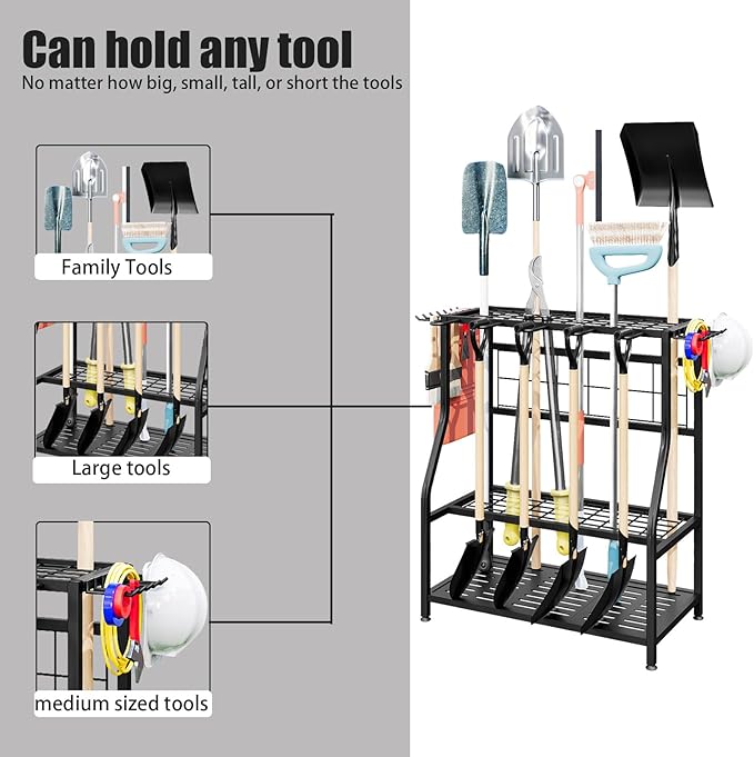 Garden Tool Organizer Holder Heavy Duty Steel Rack Up to 60 Long Handled Tools for Garage Shed Outdoor Garden Yard Black