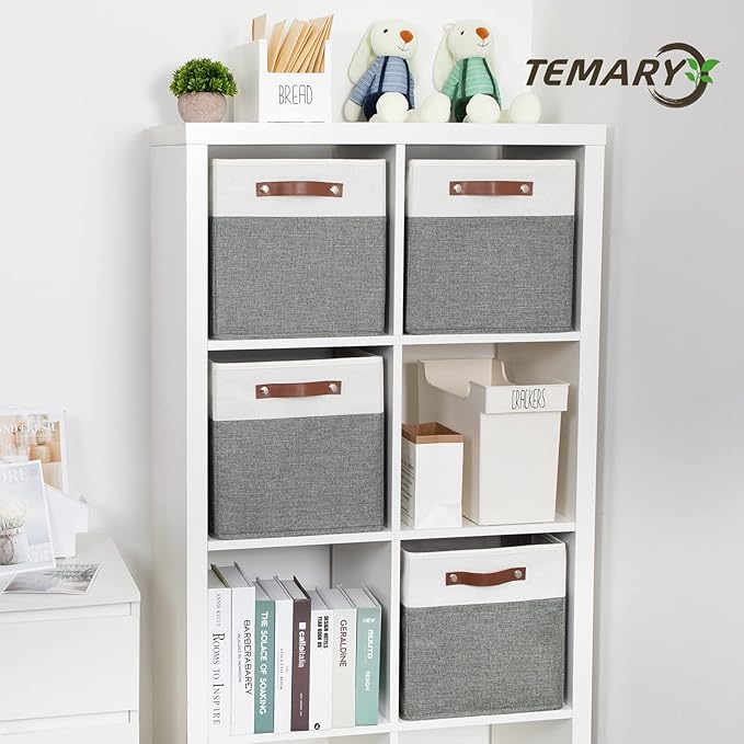 Temary Storage Cubes 12ﾗ12 Fabric Cube Storage Bins Foldable Storage Baskets with Handles, Decorative Storage Boxes for Organizing, Home, Office, Nursery, Shelf, Closet (White & Grey, 12 x 12 x 12)