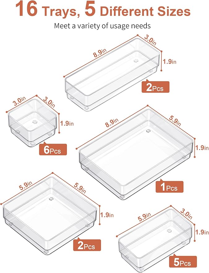 SMARTAKE 16-Piece Drawer Organizer with Non-Slip Silicone Pads, 5-Size Desk Storage Tray for Makeup, Jewelries, Utensils in Bedroom Dresser, Office and Kitchen, Clear