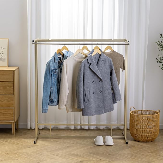 MyGift 4ft Tall Brass Tone Stainless Steel Freestanding Garment Rack, Heavy Duty Double Rod Clothes Closet Stand, Coat Dress Clothing Storage Display Shelf