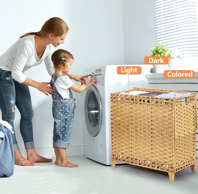 Laundry Hamper with 3 Removable Liner Bags; 132L Handwoven Rattan Laundry Basket with Lid & Heightened Feet; Clothes Hamper with Side Handles; Laundry Sorter with 3 Separate Sections (Natural)