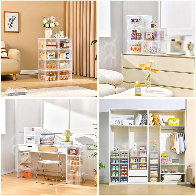 6 Pack Closet Organizers and Storage,Clear Stackable Plastic Storage Bins with Lids Magnetic Doors,Clothes Organizers and Storage,Plastic Craft Containers for Wardrobe Kitchen Bathroom Office