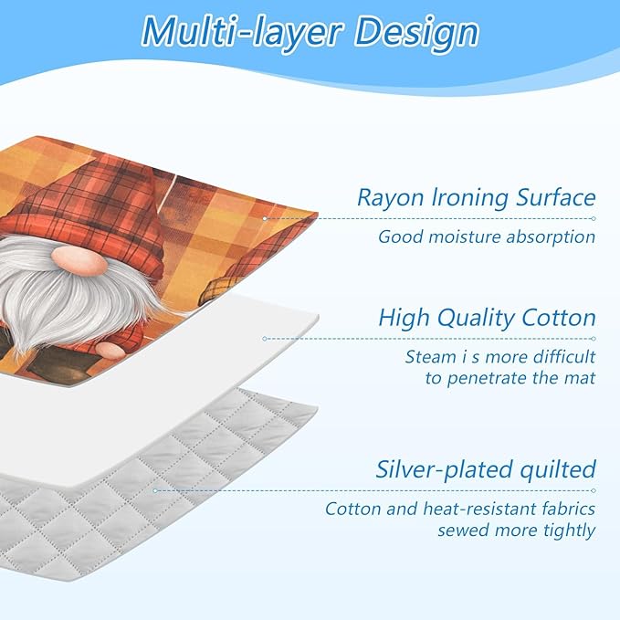 Orange Plaid Thanksgiving Gnomes Ironing Mat Thickened Ironing Blanket Travel Portable Double-Side Using Ironing Pad Travel Isolate Heat Pad Cover for Washer Dryer Table Top Countertop 27.6x47.