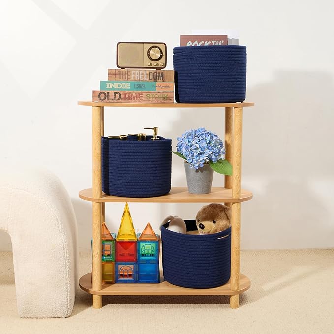 Small Basket for Organizing | Cube Shelf Closet Storage Baskets | 9.7×9.7×7.1” | Woven Rope Gift Basket | Nursery | Round 3 Packs Navy Blue