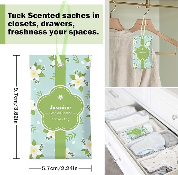 SCENTORINI Scented Sachets for Drawers and Closets, Jasmine Scent 14 Pack, Long-Lasting Sachets Bags Wardrobe Freshener, for Drawers, Closets, Cars