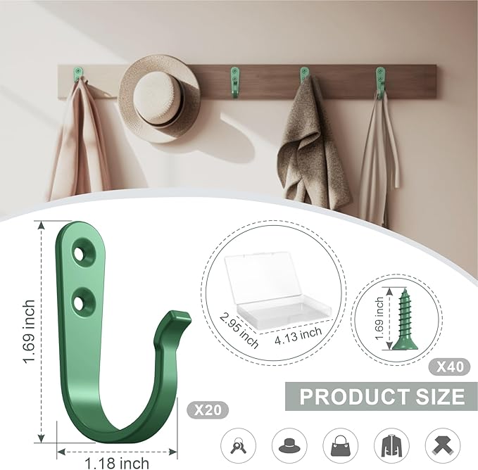 20PCS Heavy Duty Metal Wall Hooks, Coat Hooks for Hanging - with 40 Screws for Coats Towels Backpacks - Mint Green