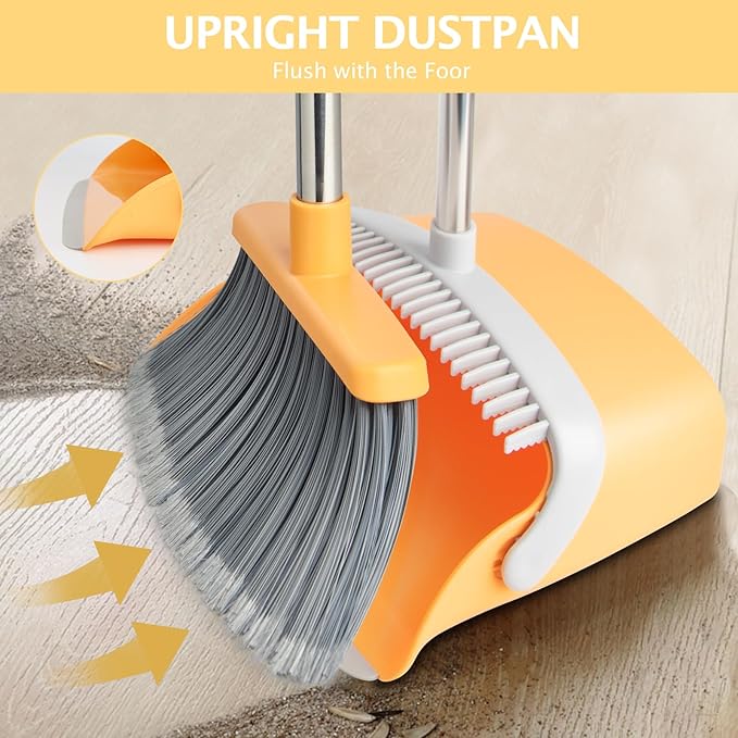Broom and Dustpan Set, Dustpans with Broom Combo for Home, Heavy Dust Dustpan and Broom Combo, Long Handle Dust Pan and Broom Set for Kitchen, Office, Pet Hair(Gray Yellow)
