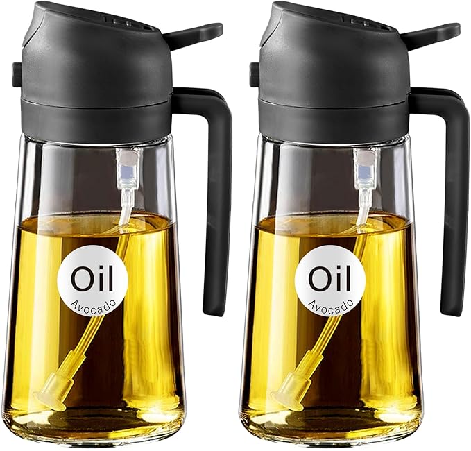 YARRAMATE 2Pcs 16oz/470ml Olive Oil Dispenser, Food-grade 2 in 1 Oil Glass Sprayer for Cooking, Kitchen, Air Fryer, Salad, Frying, BBQ (Black)