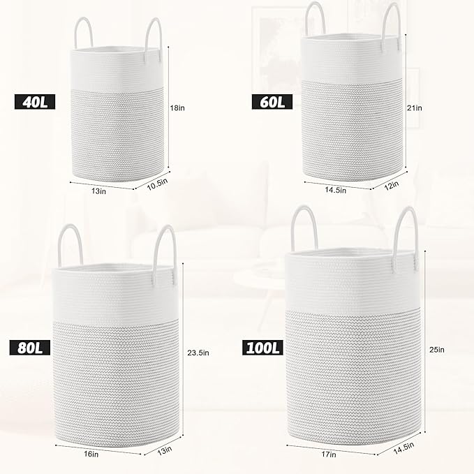 Laundry Basket,Woven Cotton Rope Laundry Hamper,Versatile Storage for Dirty Clothes,Baby Toys,and Blankets in Bathroom, Nursery,and Living Room (White, 40L)