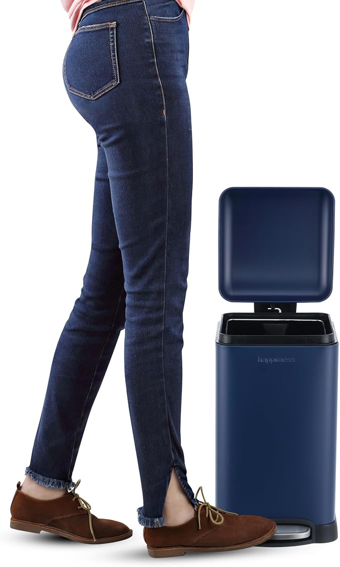 happimess HPM1012F Betty Retro Mini 3.2-Gallon Step-Open Trash Can, Fingerprint Resistant, Modern, Minimalistic for Home, Kitchen, Laundry Room, Office, Bedroom, Bathroom, Denim Blue