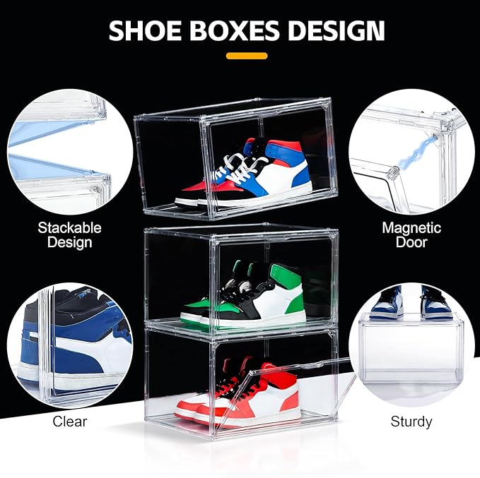NYZE 12 Pack Acrylic Shoe Boxes Side Open, Clear Shoe Box Plastic Stackable, Shoe Storage Organizer with Magnetic Door, Shoe Display Shoe Containers with Lids Fits Up to Size 15