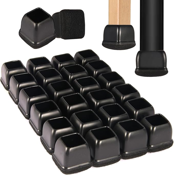Square Chair Leg Floor Protectors Large 24Pcs,Silicone Chair Leg Protectors for Hardwood Floors/Tiles,Black 360°Wrapped Felt Bottom to Prevent Scratch and Reduce Noise