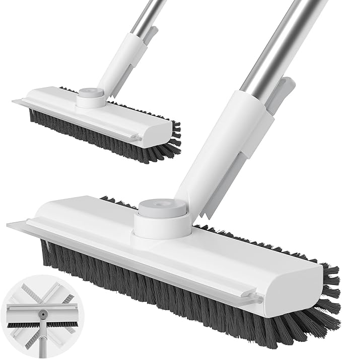 Floor Scrub Brush with Long Handle, 3 in 1 Scrape and Heavy-Duty Stiff Bristle Scrubber Brush for Cleaning Shower Bathroom, Patio, Garage, Kitchen, Wall and Deck (White, 2 Pack)