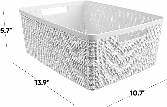 Curver Set of 6 Jute Medium Decorative Plastic Organization and Storage Baskets, Perfect Bins for Home Office, Closet Shelves, Kitchen Pantry and All Bedroom Essentials, White