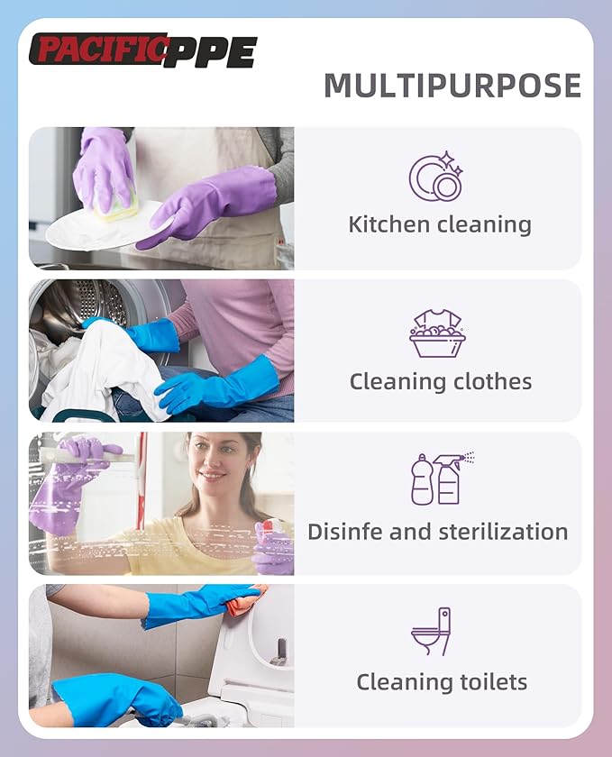 PACIFIC PPE 4 Pairs Reusable Dishwashing Cleaning Gloves, Household, Kitchen, Cotton Liner, Blue, Small