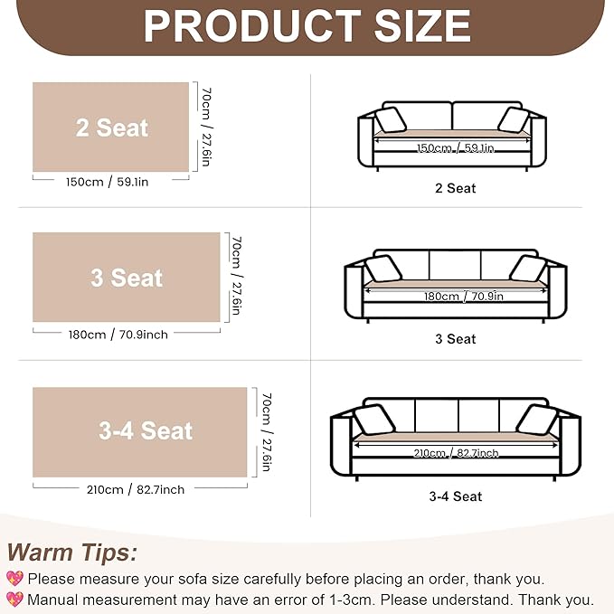 OTOB Sofa Covers for 3 Cushion Couch Washable, All Seasons Fuzzy Non Slip Kids & Pet Friendly Dog Bed Mats Couch Cover, Soft Plush Sofa Slipcovers Furniture Protector (Beige, 27.6" x 70.9'')