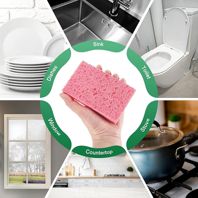 12-Pack Kitchen Sponges, Condense Eco Cellulose Non-Scratch Scrub Heavy Sponge for Kitchen/Household/Bathroom, Clean Tough Messes Dish Scrubber [Pink]