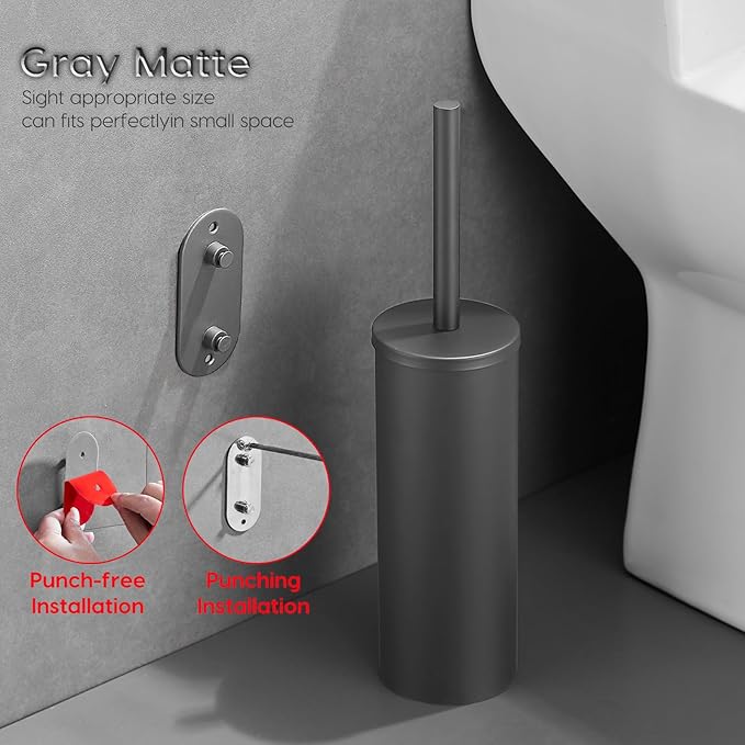 Stainless Steel Toilet Brush and Holder Set, No-Punch Hook Base Dual Purpose Toilet Brush Holder with Removable Inner Bucket and Splash Cover - Soft Bristles (Gray)