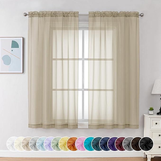 Chyhomenyc Taupe Sheer Curtains 54 Inch Long 2 Panels, Light Filtering Rod Pocket Voile Short Curtains Drapes for Living Room Bedroom Small Windows, 42Wx45L Inches