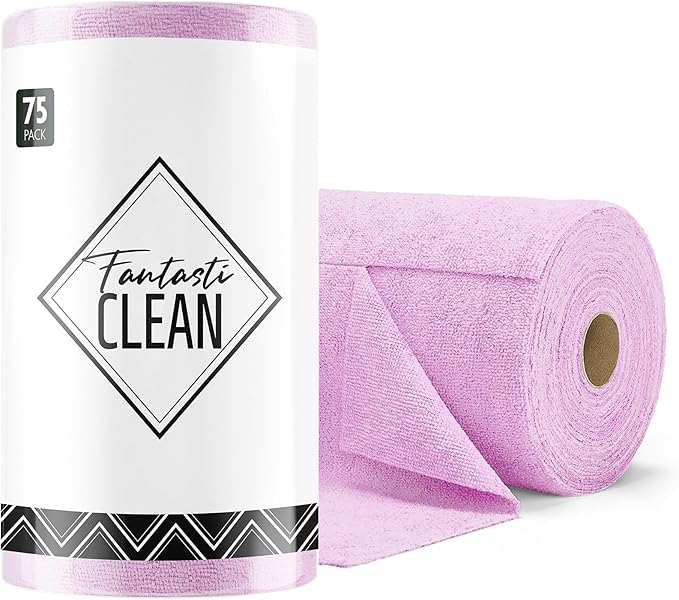 Fantasticlean Microfiber Cleaning Cloth Roll -75 pack, Tear Away Microfiber Towels, 12" x 12", Reusable, Washable, Scratch Free, Ultra Absorbent Dishcloth for Home Supplies, Car, Pet, Kitchen (Purple)