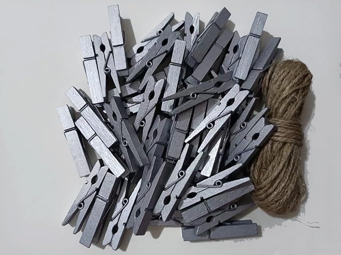 1.8 Inch Silver Wooden Clothespins Hold Picture Photo Clothesline Pins Hanging Christmas Cards with Jute Twine Pack 50