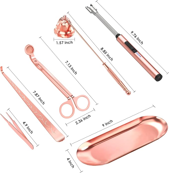 6 in 1 Candle Accessory Set,Candle Wick Trimmer Cutter,Candle Wick Dipper,Candle Wick Snuffer, Rechargeable Candle Lighter,Storage Tray Plate,Tweezers,Stainless Steel Candle Care Kit Gift(Rose Gold)…
