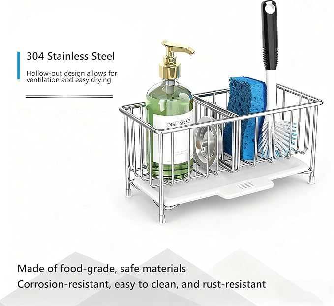 Kavciva Sink Caddy Sponge Holder,304 Stainless Steel Dish Brush Holder,Kitchen Countertop Sink Rack,Dish Soap Holder,Dishwashing Tool Drying Tray with Adjustable Partitions,Essential Kitchen Shelves
