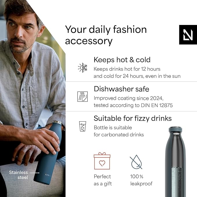 LARS NYSØM Stainless Steel Insulated Water Bottle 12oz 17oz 25oz 34oz 51oz | Insulated Thermo Flask for Hot and Cold Beverages | Leakproof Drinking Bottle (Stone Blue, 25.4oz)
